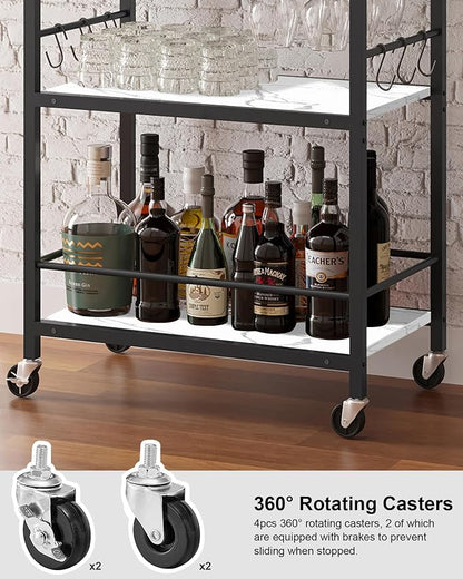 TUTOTAK Bar Cart with Wheels, Drink Cart with Wine Rack and Glass Holder | 3-Tier 17 Inch Wide Home Bar Serving Carts, Small Mobile Kitchen Shelf with 6 Hooks, Marble White BC01BM032