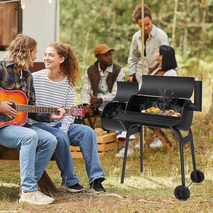 Outdoor BBQ Charcoal Grill, Portable Barrel Charcoal Grill for 6-10 People with Offset Smoker & Wheels for Patio Backyard Picnic Cooking Camping