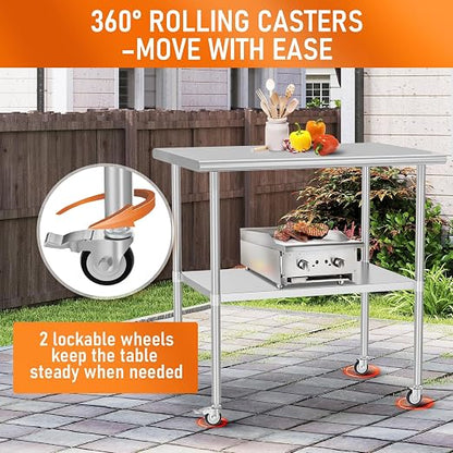 Stainless Steel Table with Wheels 24" x 48" Utility Worktable with Adjustable Undershelf for Commercial Kitchen, Garage, Restaurant