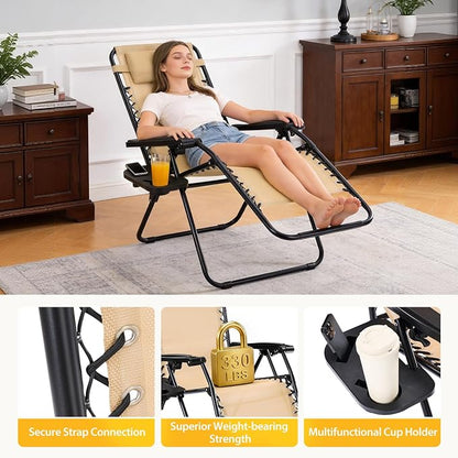 NEWBULIG Zero Gravity Chairs Set of 2, Folding Lounge Chair, Khaki | Portable Lawn Camping Recliner with Adjustable Pollow, Mesh Back, Cup Holder Trays for Pool Beach Patio