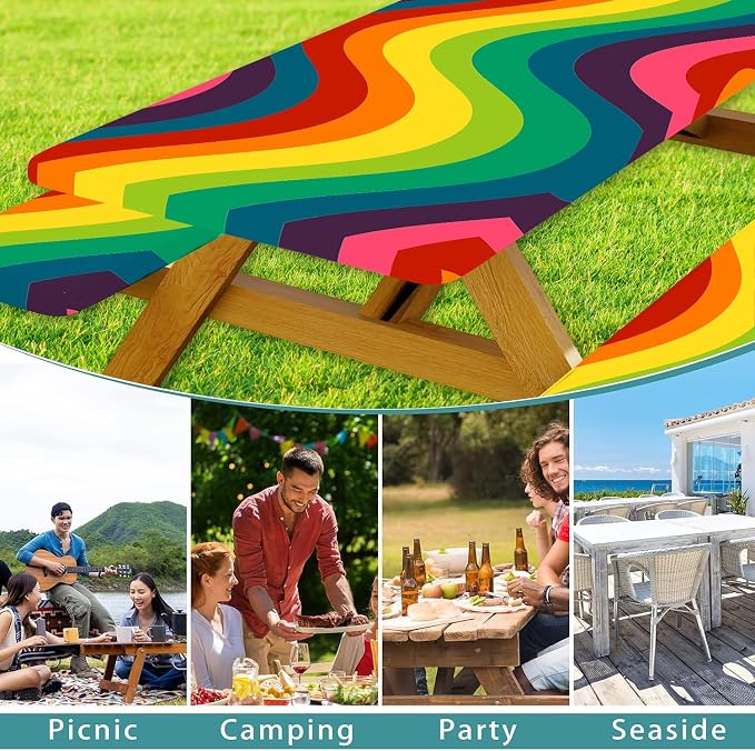 Rainbow Picnic Table Cover with Bench Covers, Elastic Edges Waterproof Windproof Colorful Stripes Camper Outdoor Tablecloth, Camping Essentials, Fitted 6FT Rectangle Tables and Seats, 3 Pcs 30x60 Inch