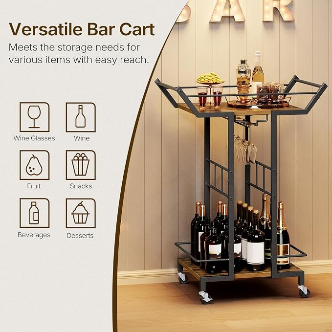 Bar Cart, 3-Tier Serving Cart with Wine Glass Rack, Drink Cart with Wheels, Rolling Beverage Cart, for Living Room, Party, Rustic Brown BC10BR