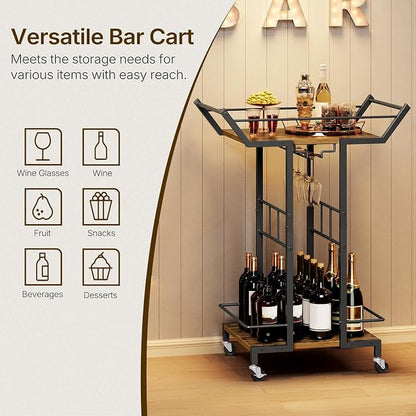 Bar Cart, 3-Tier Serving Cart with Wine Glass Rack, Drink Cart with Wheels, Rolling Beverage Cart, for Living Room, Party, Rustic Brown BC10BR