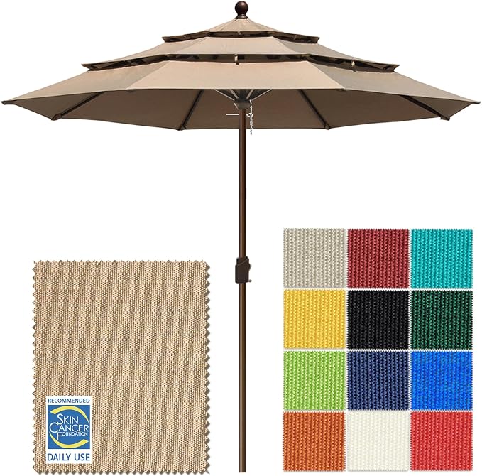 EliteShade USA 10-Year-Non-Fading 10ft 3-Tier Market Patio Umbrella, Commercial Grade Outdoor Table Umbrella with Crank Open, Windproof & UPF 50+ UV Protection, Heavy Duty Ventilation for Garden, Deck, Pool, Backyard, Beach & Bistro, No Tilt, Heather B...