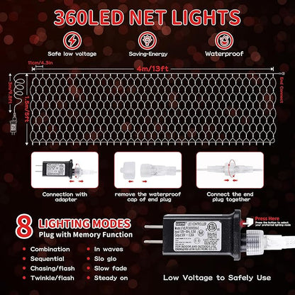 HEYFUNi Net Mesh String Lights, 360LED Red Light Bulbs, 8 Lighting Modes, for Indoor Outdoor, Curtain, Christmas Tree, Bush, Party, Wedding, Fairy, Wall Decor (13 ft x 5 ft,Red)