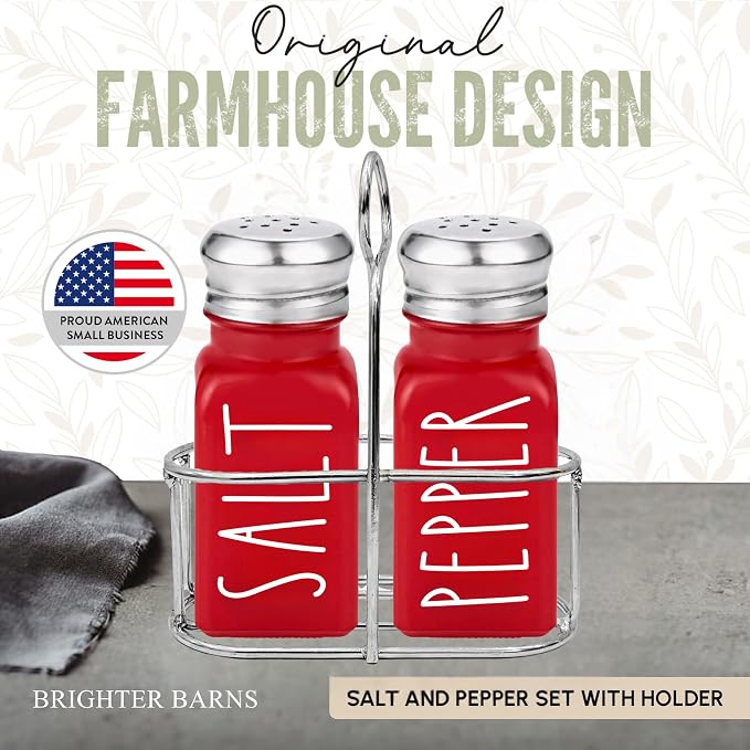 Red Salt and Pepper Shakers Set with Holder by Brighter Barns - Dining Table Decor, Modern Farmhouse Kitchen Decor - Christmas Salt and Pepper Shakers with Caddy for Restaurant, RV, Airbnb, Gift (Red)