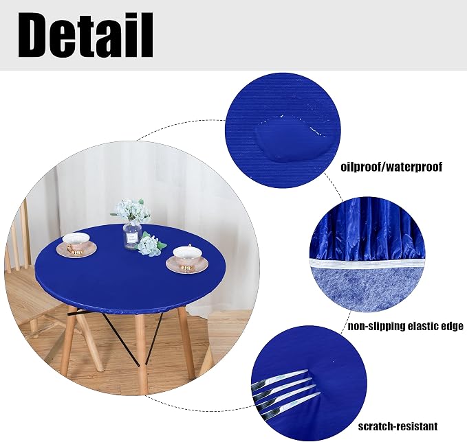 LUSHVIDA Round Waterproof Table Cover Elastic Vinyl Fitted Tablecloth Elastic Edged Plastic Table Cloth (Blue, Best for Up to 45"-56" Round)