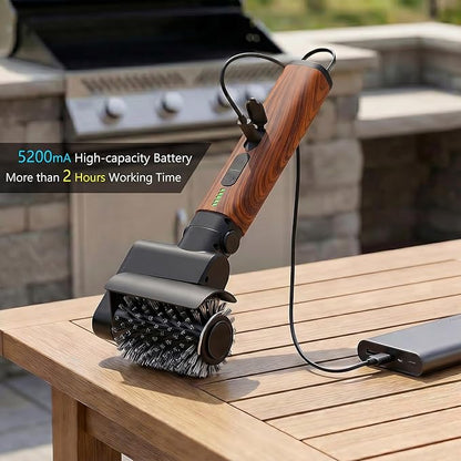 Electric Grill Brush 3-in-1 Kit – Cordless BBQ Cleaner with Reinforced Safe Metal Bristles – 2 Hours Runtime, Waterproof & Dishwasher Safe Removable Brushes for Deep Cleaning (Red Wood Coating)