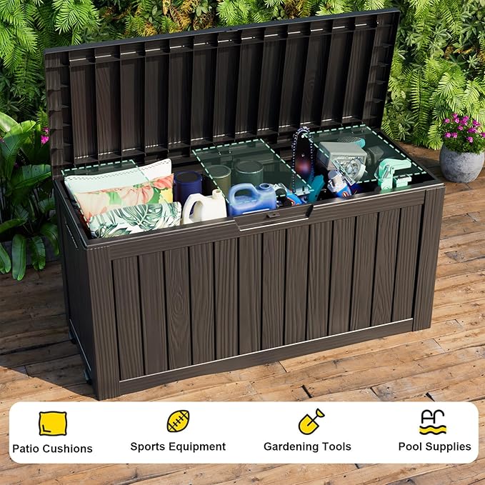 ROJIK 90 Gallon Deck Box Outdoor, Waterproof Outdoor Storage Boxes with Lids, Outside Resin Lockable Storage Box for Patio Cushions, Garden Tools(Black)