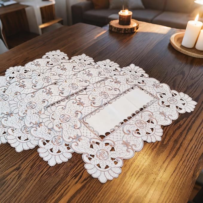 LeLehome Set of 4 Flower Embroidered Placemats, Oblong Brown Flower Rose Lunchmats Place Mats, Home Kitchen Dining Restaurant Party Indoor Decor Table Mats, 18 Inch X 12 Inch