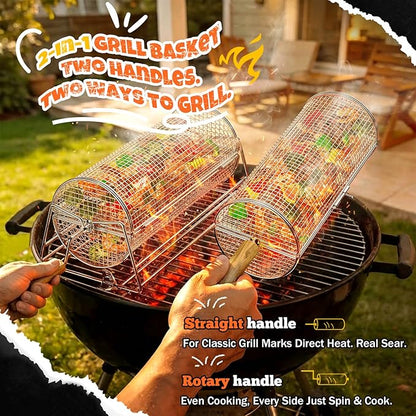 2-in-1 Rotatable Rolling Grill Basket, 304 Stainless Steel, with Removable Wooden Dual Handles & Rotating Stand, BBQ Accessories Tools for Vegetables Shrimp, Gifts for Birthday/Men/Dad/Husband