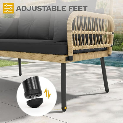 DWVO Outdoor Loveseat, Patio Wicker Furniture Set with Cushion & Adjustable Feet, Patio Couch for Garden, Balcony, and Porch, Black