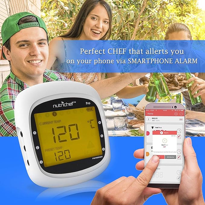 NutriChef Wireless Bluetooth BBQ Digital Thermometer - Upgraded Stainless Smart Dual Grill Probes w/ Remote Alert, Safe to Use in Outdoor Barbecue Meat Smoker, Works w/ iOS Android Phone - NutriChef