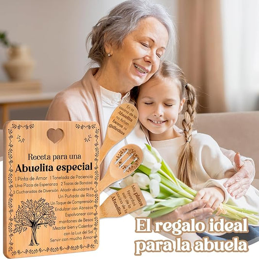 Regalos de cumpleaños para Abuelita - "Receta para una Abuelita especial". Juego de tablas de cortar y utensilios de bambú grabados. Regalos de cumpleaños para Abuelita. Spanish Grandma Cutting Board