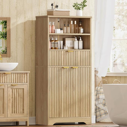 Tall Storage Cabinet with Adjustable Shelf & Drawer, Fluted Cabinet with Doors, Kitchen Pantry Cabinets, Bathroom Storage Cabinets, for Living Room, Entryway, Home Office, Natural