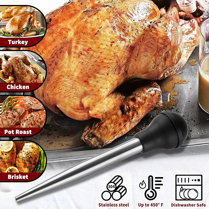 QPMR Turkey Baster With Cleaning Brush, Stainless Steel Baster Tool for Cooking-Baster Syringe for Roaster Turkey, Include 2 Meat Marinade Injector Needles for Thanksgiving