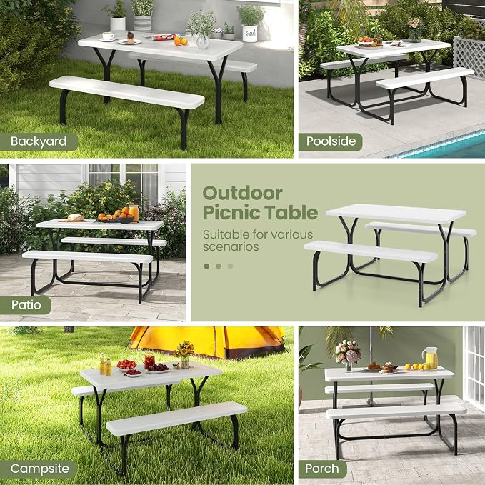 Picnic Table, Outdoor Dining Table with 2 Benches, Wood Grain Tabletop, Heavy Duty Metal Frame, Portable Picnic Table for Outdoors Backyard Garden Lawn Patio Poolside Deck (White)