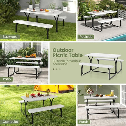 Picnic Table, Outdoor Dining Table with 2 Benches, Wood Grain Tabletop, Heavy Duty Metal Frame, Portable Picnic Table for Outdoors Backyard Garden Lawn Patio Poolside Deck (White)