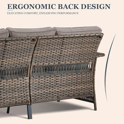 Patio Wicker Sofa 3-Seat Sofa Brown PE Rattan Couch with Water-Resistant Seat Back Cushions Resin Wicker Couch for Garden Balcony Backyard Deck Porch Sunroom, Sofa(1PC), Brown|Grey