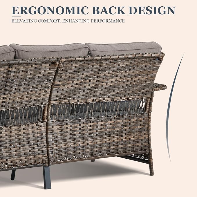 Patio Sofa 3-Seat Wicker Couch Brown PE Rattan Sofa with Deep Seating High Back Outdoor Sofa for Patio Garden Balcony Sunroom Backyard Deck Porch Poolside, Sofa(1PC), Brown|Blue
