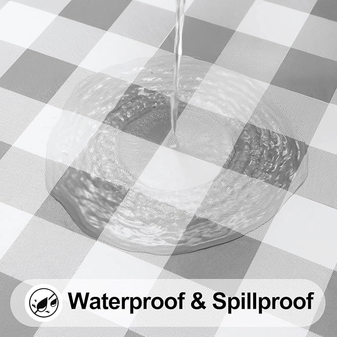 Smiry Rectangle Picnic Table Cloth, Elastic Waterproof Fitted Vinyl Tablecloths, Flannel Backed Buffalo Plaid Table Covers for Dining, Camping, Outdoor (White and Grey, 36" x 96")