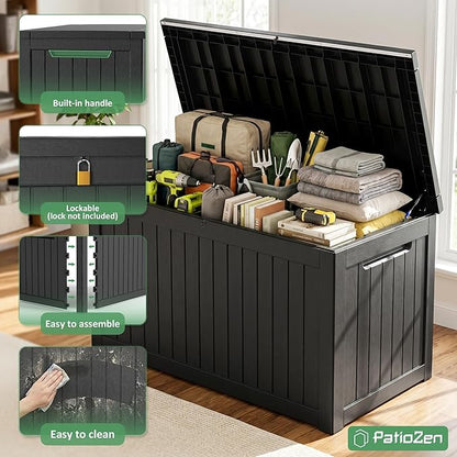 PatioZen 280 Gallon Deck Box Outdoor Storage Box, Waterproof and UV Resistant, Lockable&Resin for Patio Cushions Storage Furniture, Garden Tools, Pool Supplies(Black, 280 Gallon)