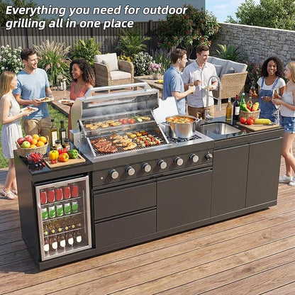 98.4 Inch Outdoor Kitchen Island, 72000 BTU Propane Gas Grill Combination With Refrigerator and Sink, Outdoor Stainless Steel Barbecue Bar, Propane Grill for Patios, Gardens, Parties