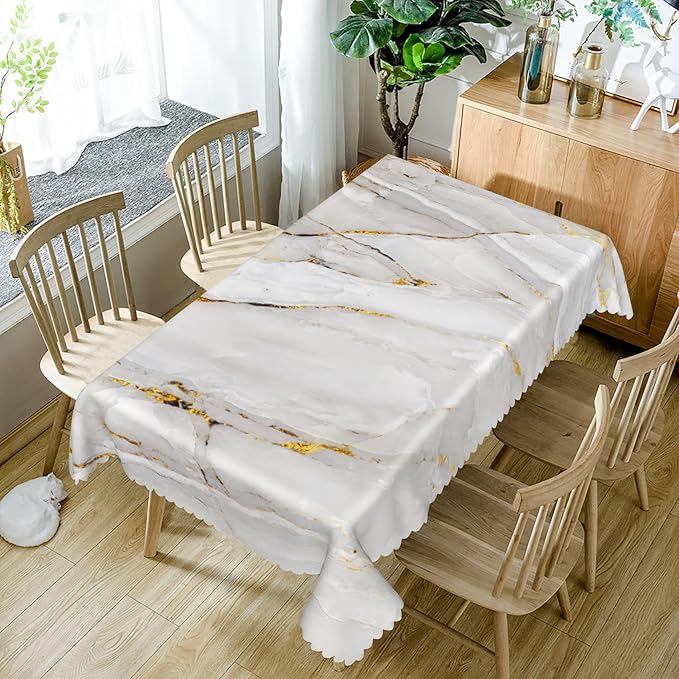 54x120inches Marble Tablecloth Modern Luxury White and Grey Stone Golden Crack Marble Texture Table Cloth Waterproof Polyester Fabric Table Cover for Kitchen Dining Room Banquet Party Decors
