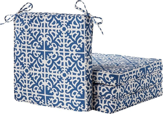 Outdoor 18 inch Square Patio Dining Chair Pads – Comfortable Fiber-Filled Seat Cushions with Ties, Reversible Polyester Fabric - Indigo Blue Lattice, Set of 4