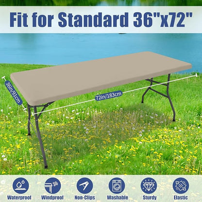 Moosfor 2 Pack Rectangle Spandex Fitted Table Cloth, 6FT Elastic Tablecloth | Washable Picnic Table Cover, Stretch Waterproof Table cloths for Party, Patio, Dining, Kitchen, 36" x 72", Taupe
