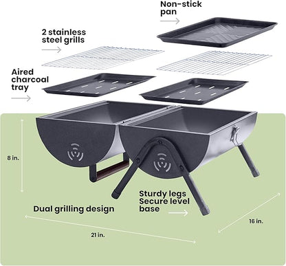 AGG Portable Charcoal Grill - 2-in-1 Tabletop BBQ & Griddle Combo - Compact Mini Barrel Grill for Camping, Balcony & Tailgating - Includes Apron, Heat-Resistant Gloves & Tongs -Small Outdoor Grill