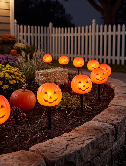 Halloween Pumpkin Pathway Markers Lights Outdoor, 7Ft Connectable C7 Halloween Decorations Pathway String Lights with 4 Pumpkin Stakes Lights for Outdoor Garden Walkway Yard Driveway Lawn Party Decor