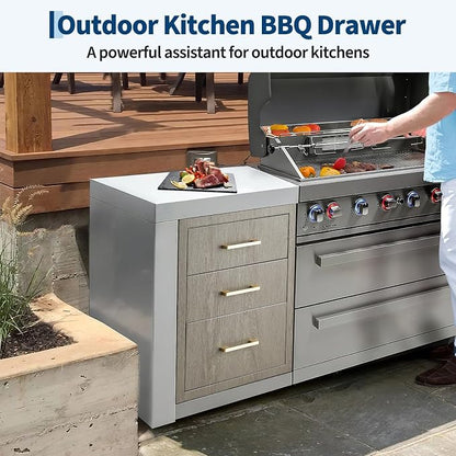 PeakPursuit Stainless Steel Outdoor Kitchen Triple Drawers - Heavy Duty with Handles, Weather-Resistant Flush Mount for BBQ Island, Patio Grill & Outdoor Cooking Space, 14" W x 20.3" D x 23" H