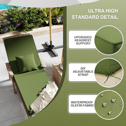 Outdoor Water-Resistant Olefin Chaise Lounge Cushions with Pillow, Weather and Fade Resistant Patio Furniture Lounge Chair Cushion Ideal for Patio, Lawn, Garden, Matcha, 80" L x 26" W x 5" T