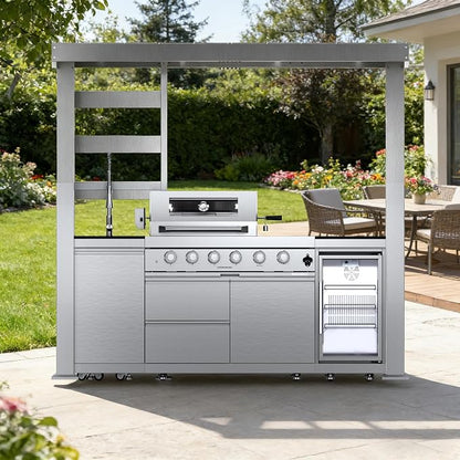97" Covered Outdoor Kitchen Island with Roof, 4-Burner 72,000 BTU Propane BBQ Island with Side Burner, Sink, Refrigerator & Rotisserie, for Backyard and Patio Cooking, Silver