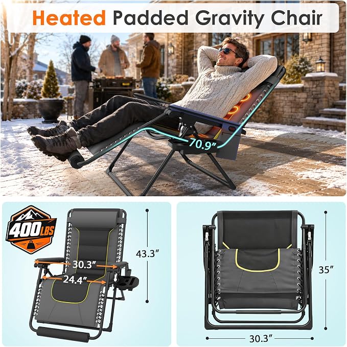 Suteck Heated Zero Gravity Chair, 400LBS 30.3" Padded Antigravity Chairs | Reclining Camping Chair with Headrest, Upgraded Lock, Large Cup Holder and Footrest, Patio Lounge Recliner for Indoor Outdoor