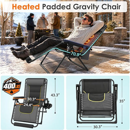 Suteck Heated Zero Gravity Chair, 400LBS 30.3" Padded Antigravity Chairs | Reclining Camping Chair with Headrest, Upgraded Lock, Large Cup Holder and Footrest, Patio Lounge Recliner for Indoor Outdoor