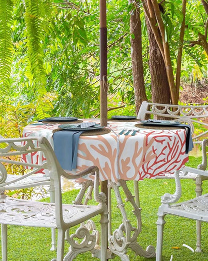 Red Orange Grey Coral Coastal Outdoor Tablecloth - 54 Inch Round Waterproof Dining Table Cover, Summer Beach Seaside Nautical Outdoor Table Cloth with Umbrella Hole & Zipper for Patio