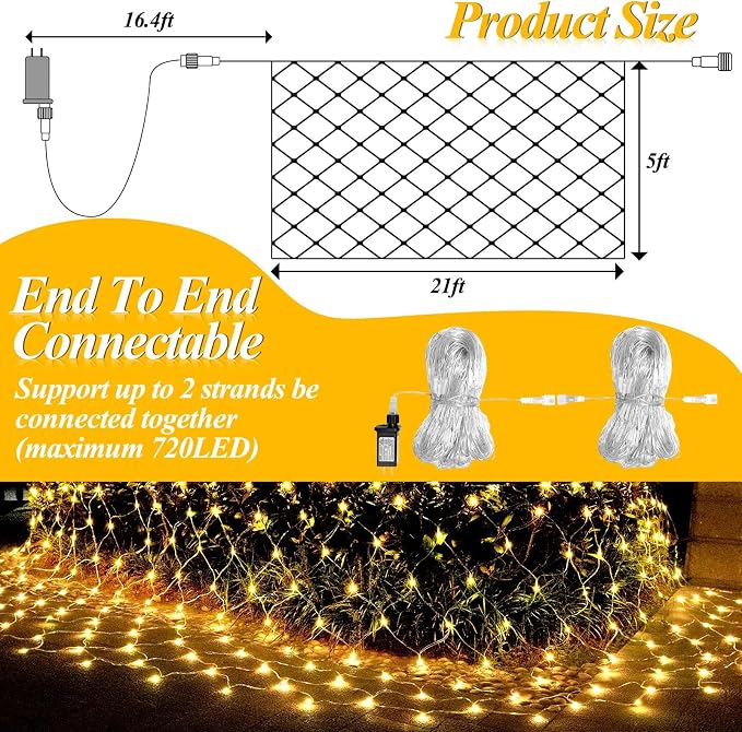 LitHome 21FT x 5FT Christmas Net Lights Outdoor Mesh Lights Connectable | 8 Modes 360 LED Waterproof Warm White Christmas Mesh Light for Bushes, Garden, Backyard, Xmas, Holiday Decor, Clear Wire