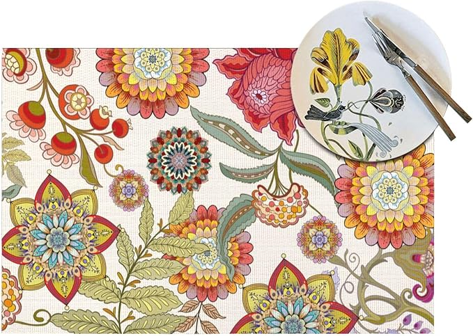 Boho Floral Placemats Set of 4, Colorful Decorative Place Mats | Flower Table Mats for Kitchen Dining Table, Washable Linen Placemat 12"x18", Housewarming Gifts for New Home