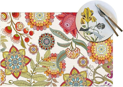 Boho Floral Placemats Set of 4, Colorful Decorative Place Mats | Flower Table Mats for Kitchen Dining Table, Washable Linen Placemat 12"x18", Housewarming Gifts for New Home