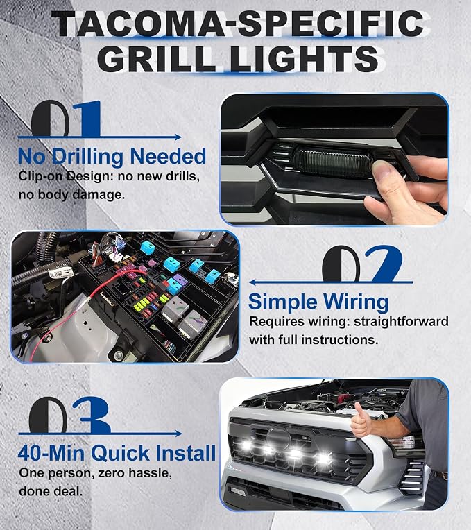 Grill Lights for Toyota Tacoma 2024-2026 Accessory TRD Sport Off Road,White | Direct-Snap Raptor Lights Tacoma 4th Gen Front Grille OEM-Style LED Design, IP68 Waterproof, Enhanced Night Visibility