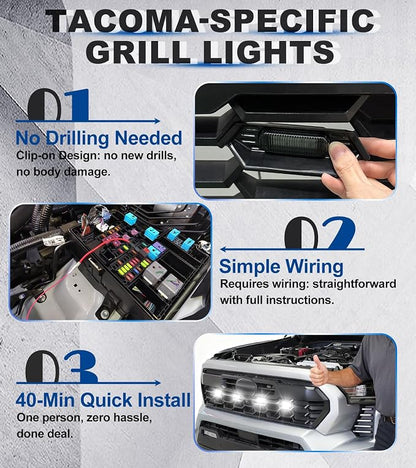 Grill Lights for Toyota Tacoma 2024-2026 Accessory TRD Sport Off Road,White | Direct-Snap Raptor Lights Tacoma 4th Gen Front Grille OEM-Style LED Design, IP68 Waterproof, Enhanced Night Visibility