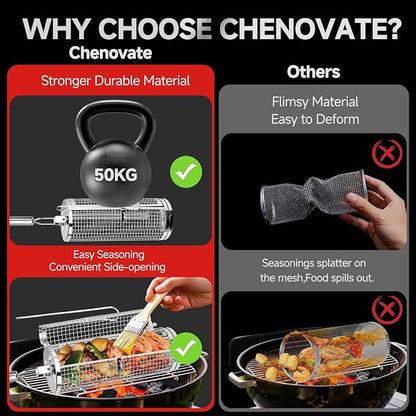 Chenovate® Heavy Duty Rolling Grill Baskets with Side-opening and Removable Handle,Grill Accessories for Veggies Shrimp Meat,Food-grade Stainless Steel,Kitchen Gadgets Fits Outdoor Cooking & Picnics,Camping Essentials,Ideal Gifts for Father's Day,Festi...