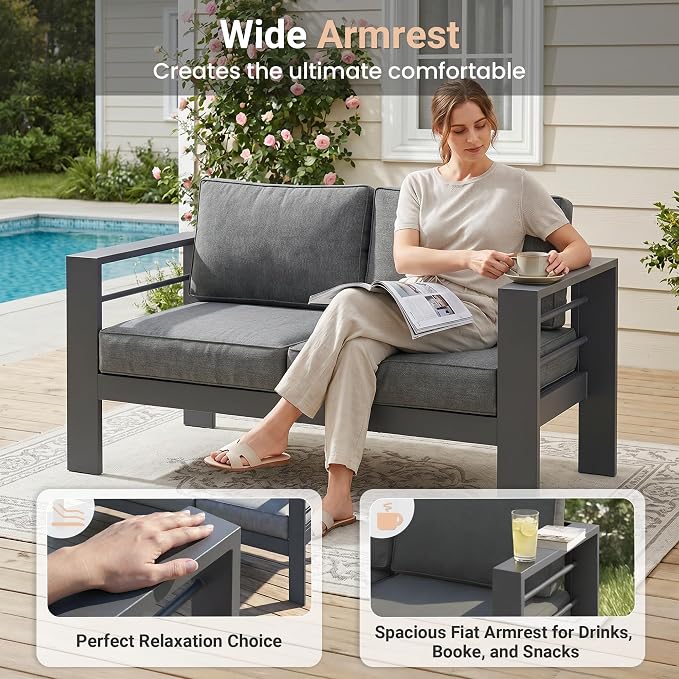 Solaste 7-Seaters Aluminum Outdoor Patio Furniture Set, Patio Sectional with 5" Thick Cushion, Outdoor Furniture with Coffee Table, Patio Sofa for Porch, Backyard, Deck, Yard, Dark Grey