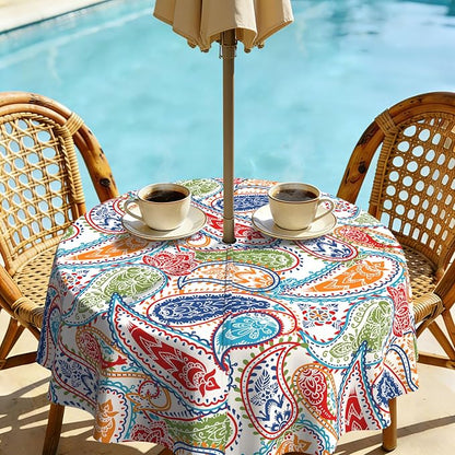Outdoor Tablecloth with Umbrella Hole Elegant Zipper Patio Table Cloth for Outdoor Patio Garden Yard Decor