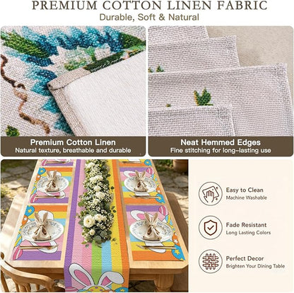 Nuxovilar Set of 7 Easter Table Runner & Placemats | Rainbow Easter bunny and egg design linen placemat set. Festive dining accessories for spring gatherings.