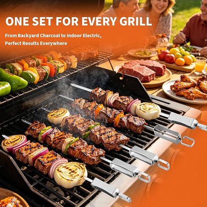 BBQ Skewers for Grilling - 16" Flat Stainless Steel Shish Kabob Skewers with Push Bar Slider - Reusable Metal Kebab Sticks for Meat, Chicken, Shrimp & Vegetables, Set of 6