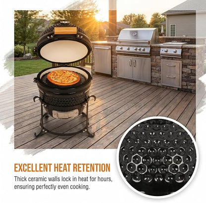 Ceramic Charcoal Grill, 13 Inch Kamado BBQ Grill for Outdoor Cooking, Heavy Duty Ceramic Smoker and Roaster with Superior Heat Retention, Fuel Efficient Outdoor Grill, Black