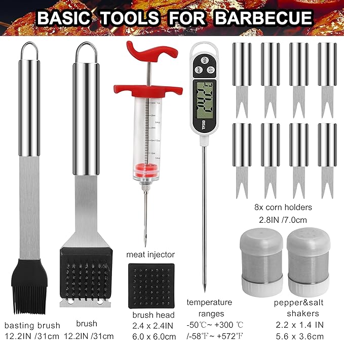 grilljoy 24PCS BBQ Grill Tools Set with Meat Thermometer and Injector - Extra Thick Stainless Steel Fork, Spatula& Tongs - Complete BBQ Accessories in - Perfect Grill Gifts for Father's Day